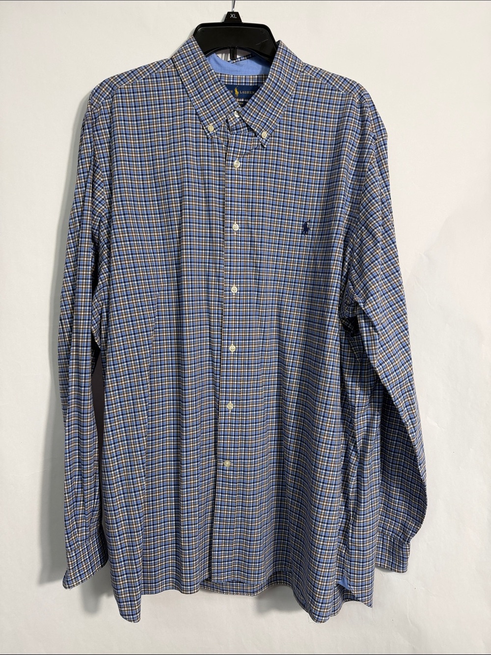 Ralph Lauren 100% Cotton Stretch Plaid Shirt Blue Brown XXL